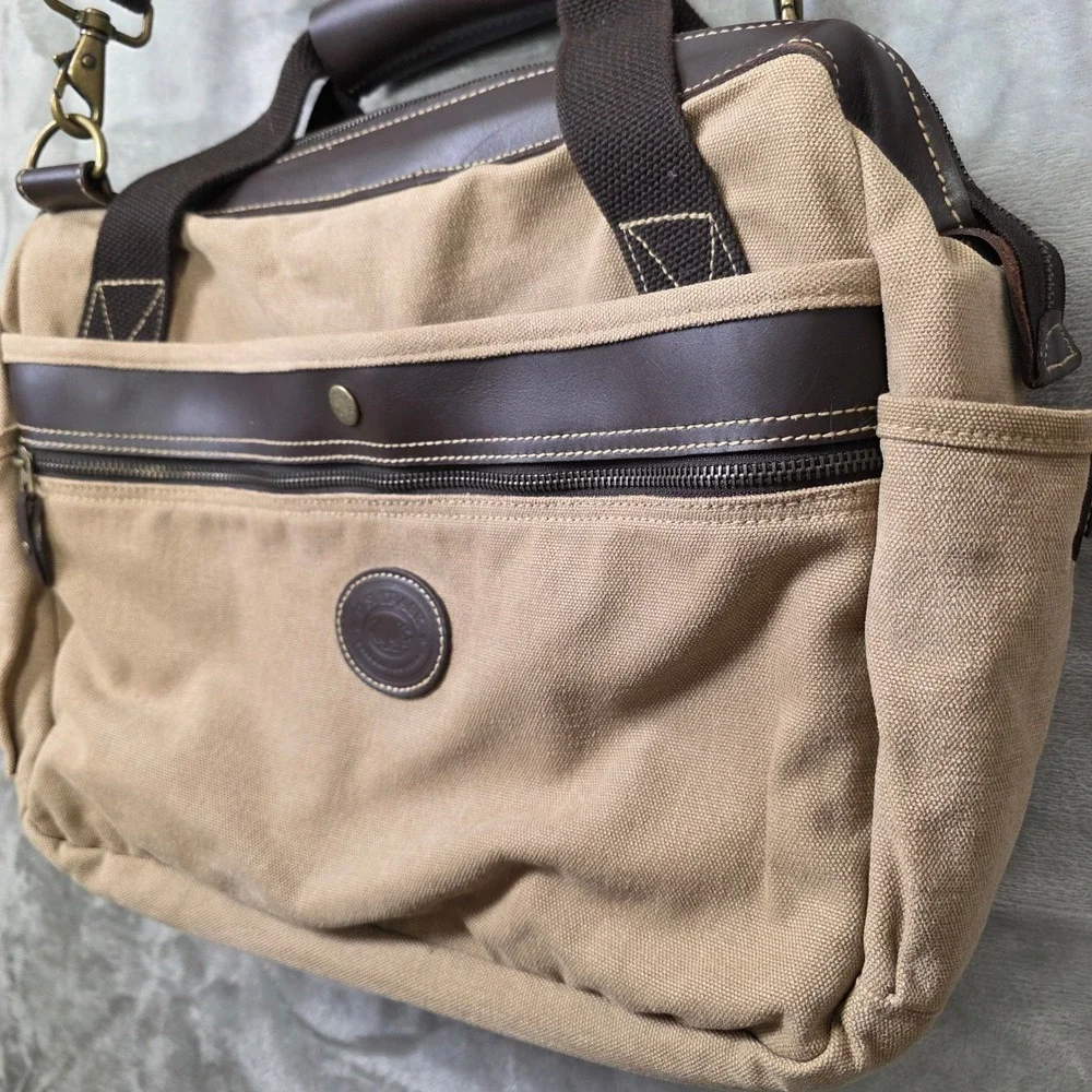 H.S. Trask Canvas Leather Laptop Briefcase Messenger Bag‎ Mens Tan GOOD Travel